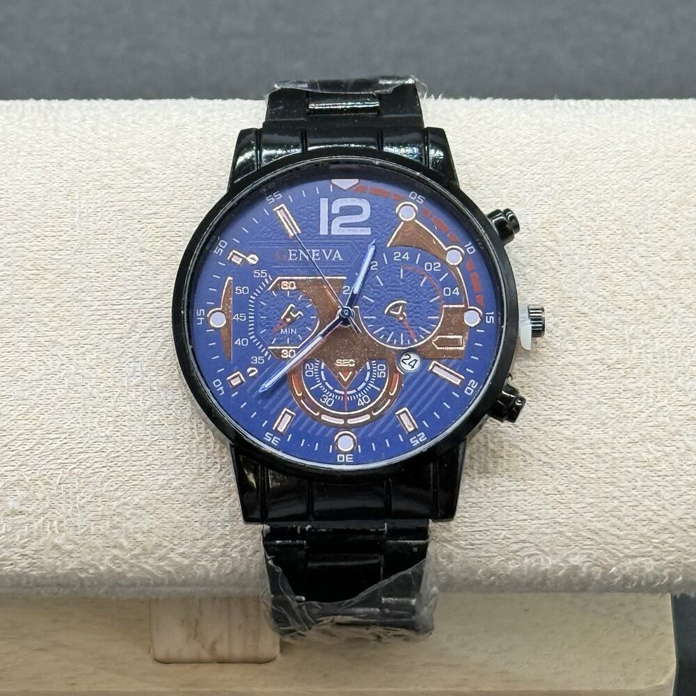 Geneva Luxury Quartz Men's Watch Black Metal Link Strap Blue Face Casual Sport